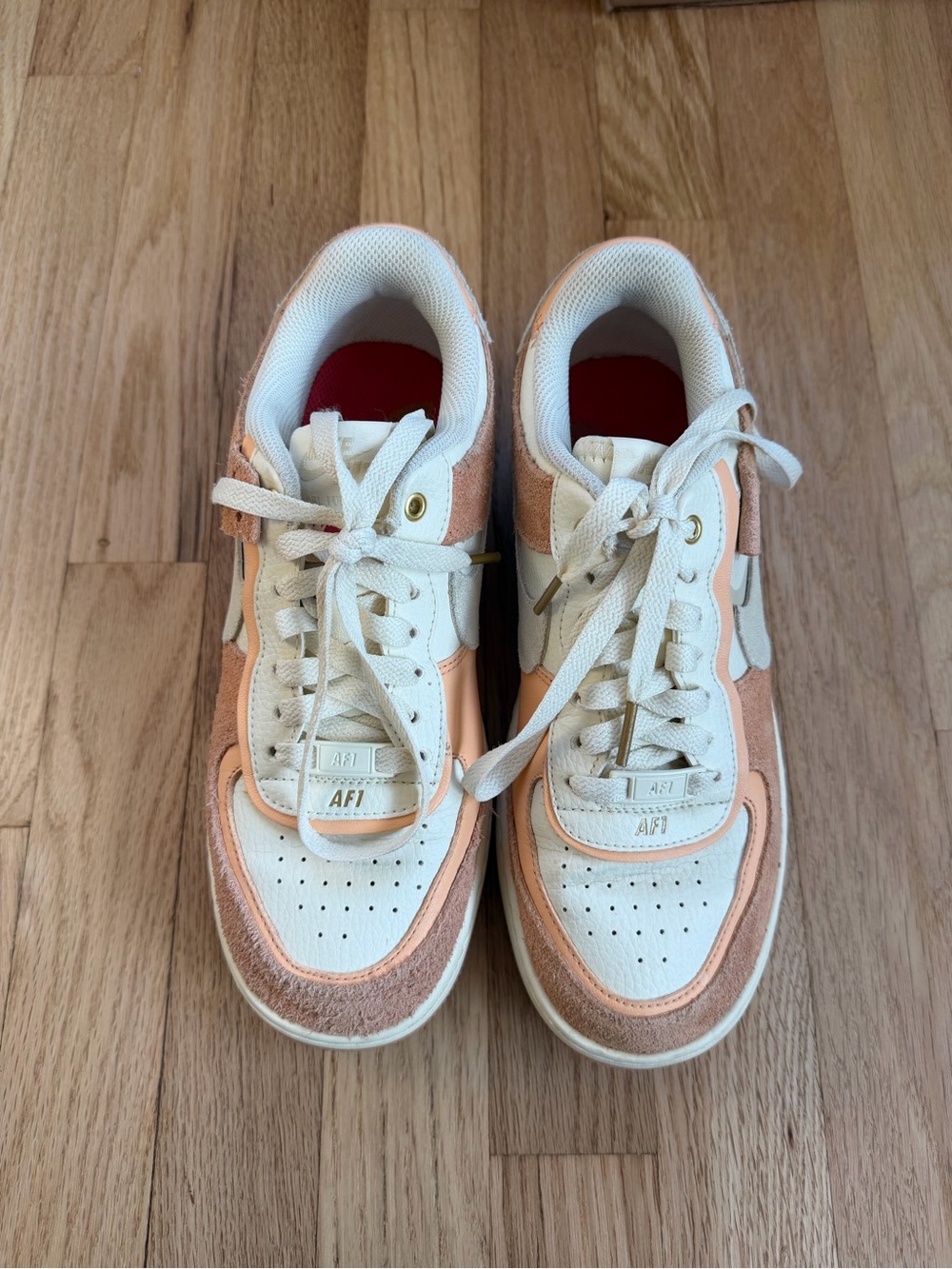 Nike Peach and White Air Force 1 Low Sneakers